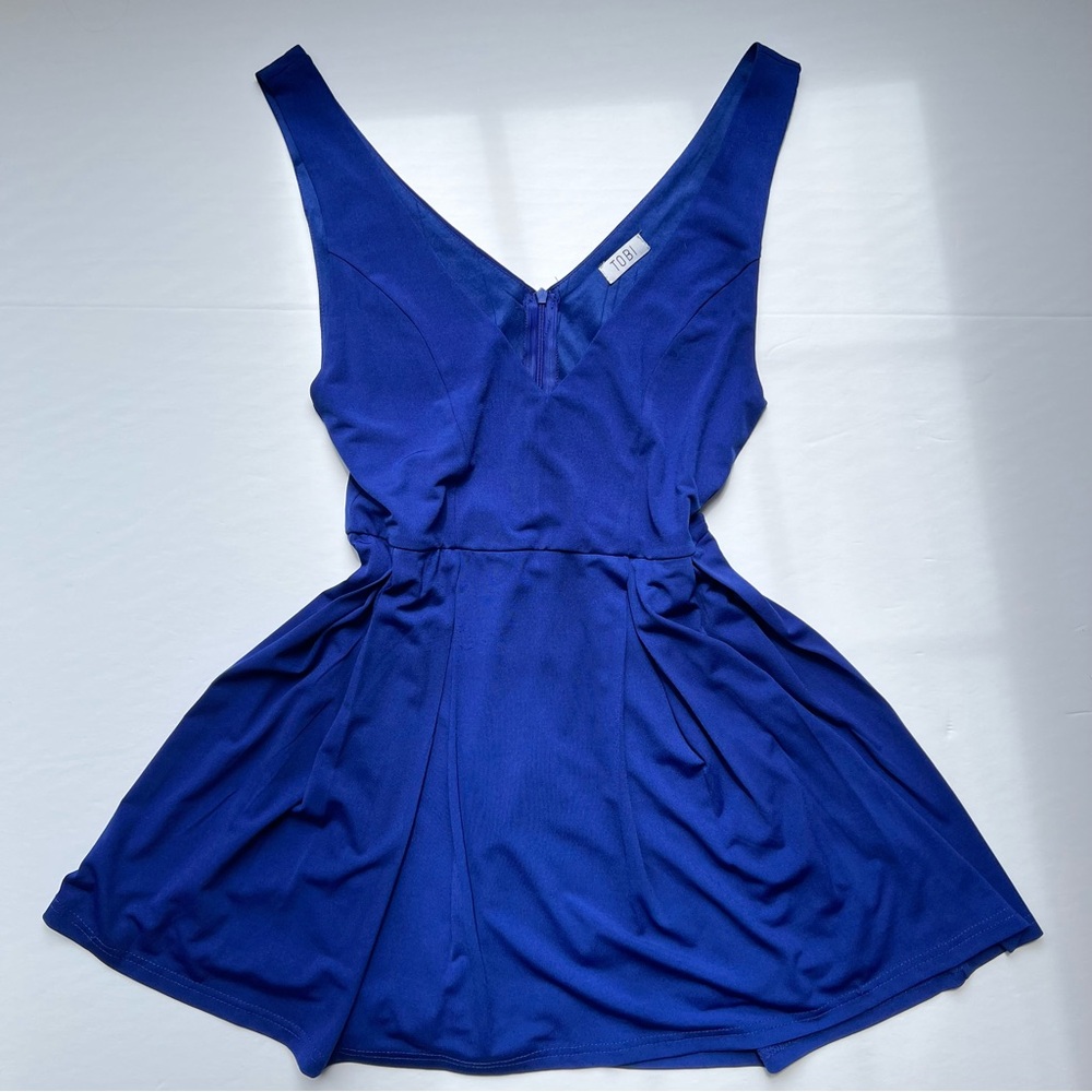 Tobi Royal Blue Plunge Neck Sleeveless A-Line Dress Light Fabric Flowy